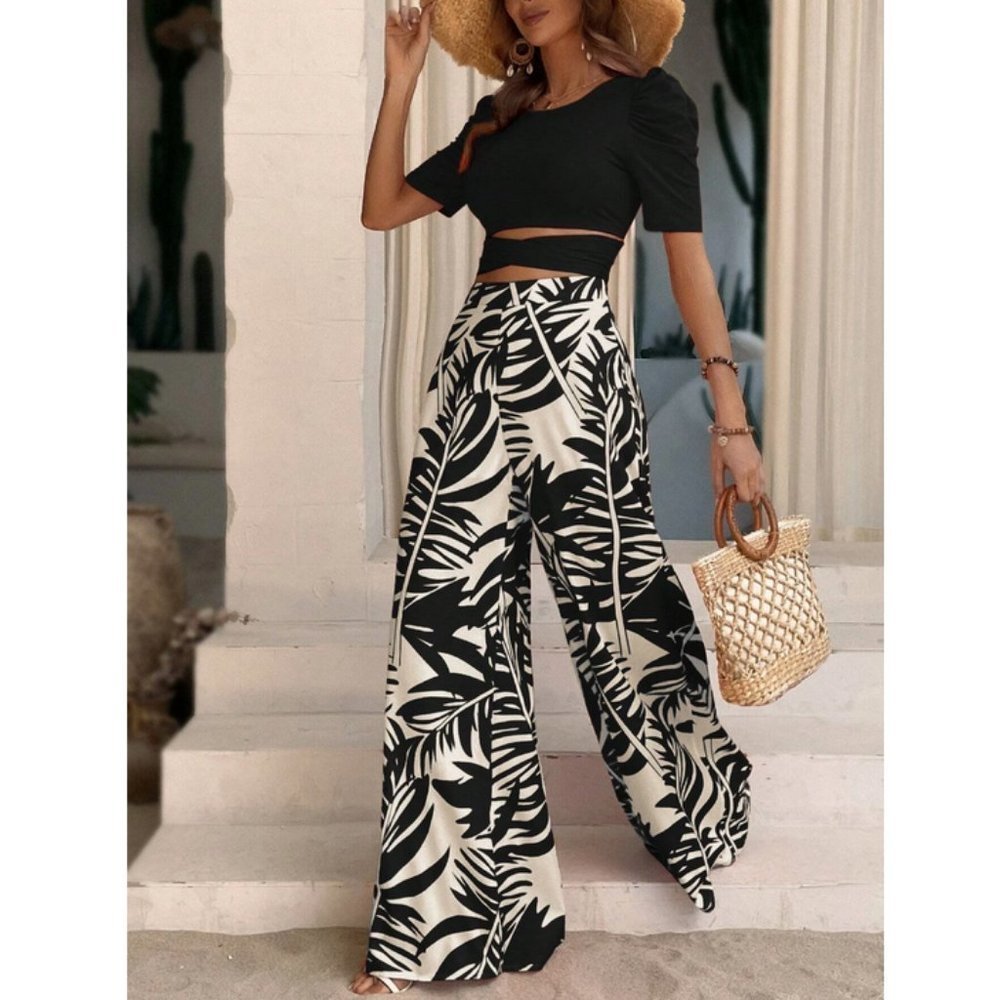 Black Boho Coord set tie Back Tee & Tropical Print Wide Leg Pants - Picture 2 of 7